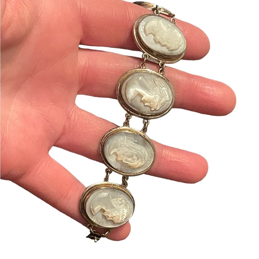 Antique MOP Pearl Hand carved sterling 800 Silver hand carved Cameo Bracelet
